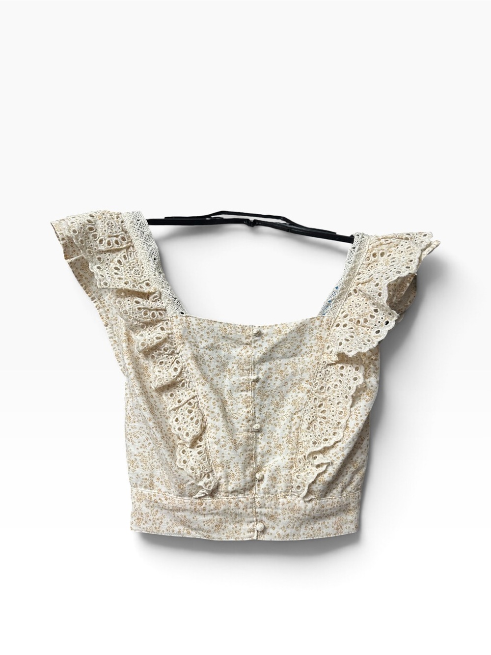 American Eagle Eyelet Ruffle Floral Tie-Back Crop Top Cream